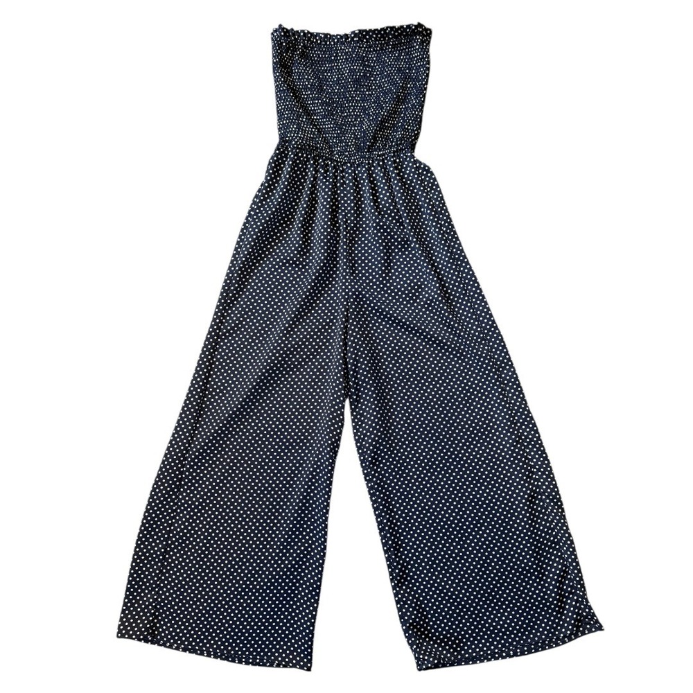The Fifth Label Navy‎ Blue Polka Dot Smocked Strapless Wide Leg Jumpsuit Small